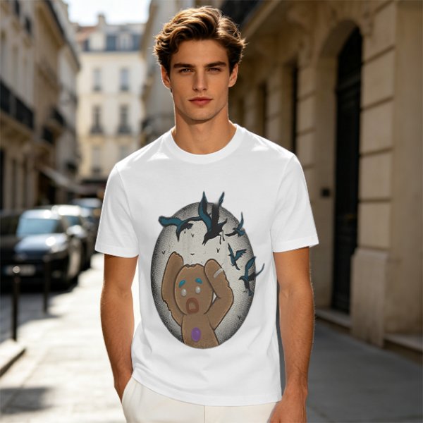 Olive T-shirt with a terrified gingerbread man and flying birds graphic
