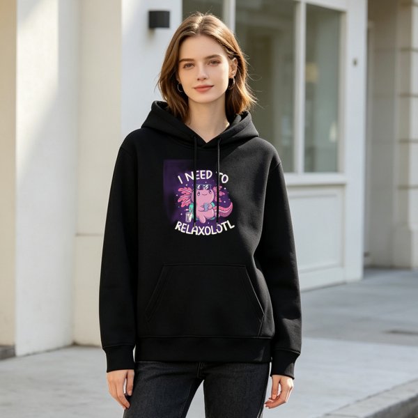 Black Hoodie With Cute Axolotl Relaxolotl Graphic Print