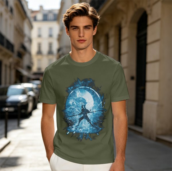 Olive T-Shirt With Blue Warrior Silhouette Graphic Print