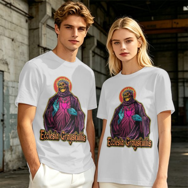 Olive t-shirt with skeleton religious graphic and Ecclesia Grayskullis text