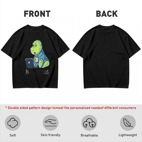 Olive t-shirt with a cartoon dinosaur working on laptop holding coffee