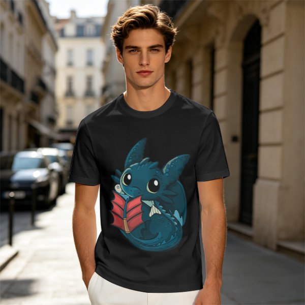 Olive T-Shirt With Cute Baby Dragon Reading Book Print