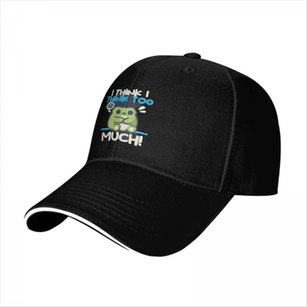 Black baseball cap with 'I think I think too much' anxious frog graphic