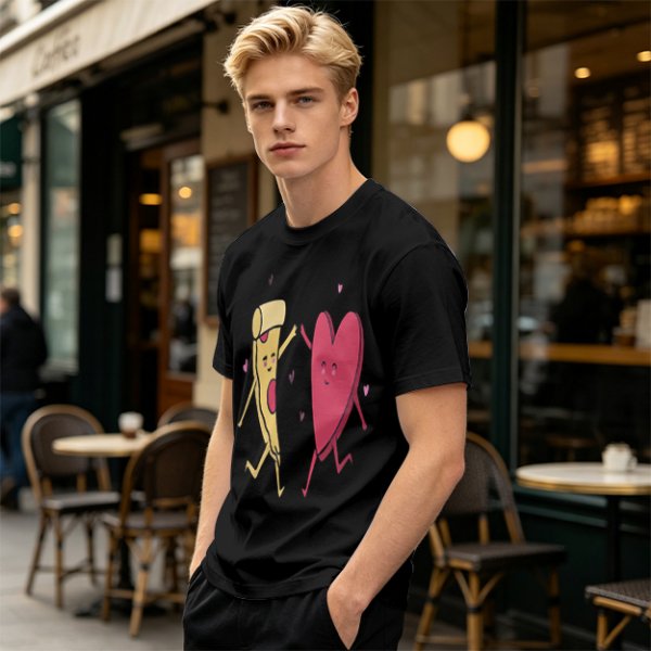 Olive T-Shirt with Dancing Pizza Slice and Heart Graphic