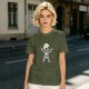 Olive green t-shirt with cute cartoon skeleton graphic
