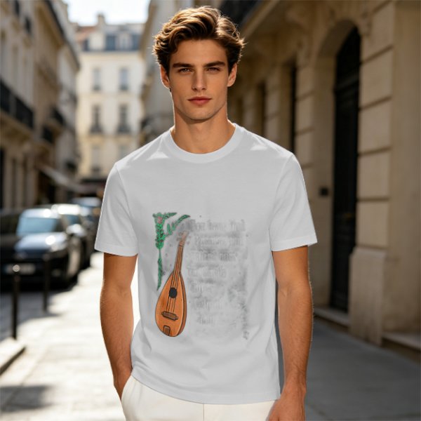 Olive Green T-Shirt with Lute and Botanical Graphic Print