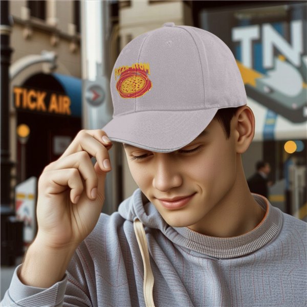 Black baseball cap with pizza atom graphic and text