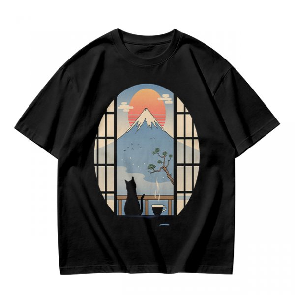 Olive T-shirt with Black Cat Viewing Mount Fuji Sunrise Art