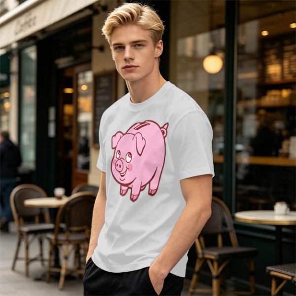 Olive Green T-Shirt With Cute Pink Piggy Bank Graphic Print
