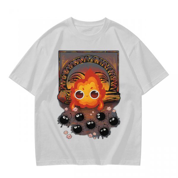Olive t-shirt with Calcifer and soot sprites graphic print