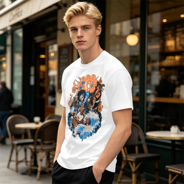 Olive T-shirt with Skeleton Musician Playing Guitar Over Ocean Waves