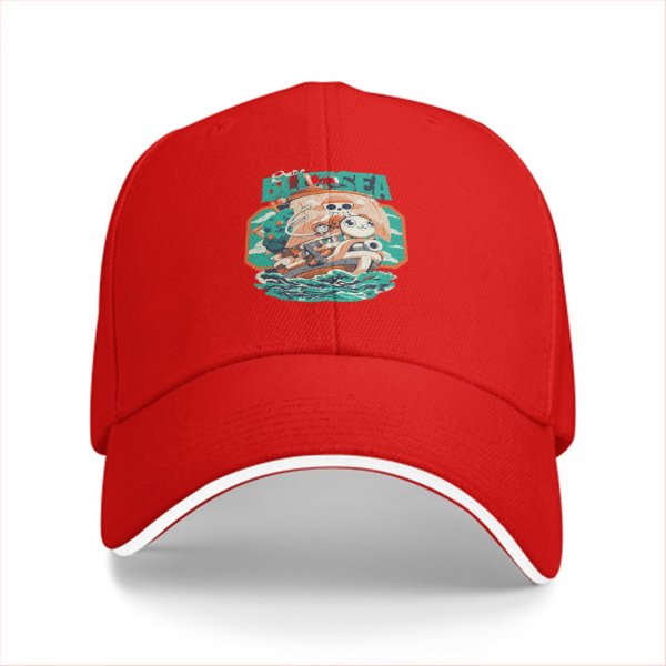Black Baseball Cap with Blue Sea Pirate Ship Graphic Print