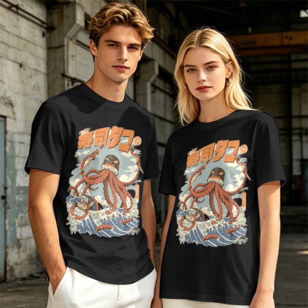 Olive t-shirt with Japanese octopus sushi warrior wave graphic