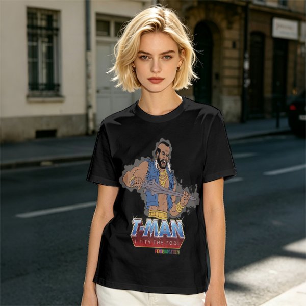 Olive T-shirt with T-Man He-Man parody graphic and 'I Pity The Fool' text