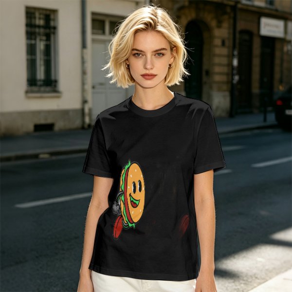 Olive T-Shirt With Cartoon Running Hamburger Character Print