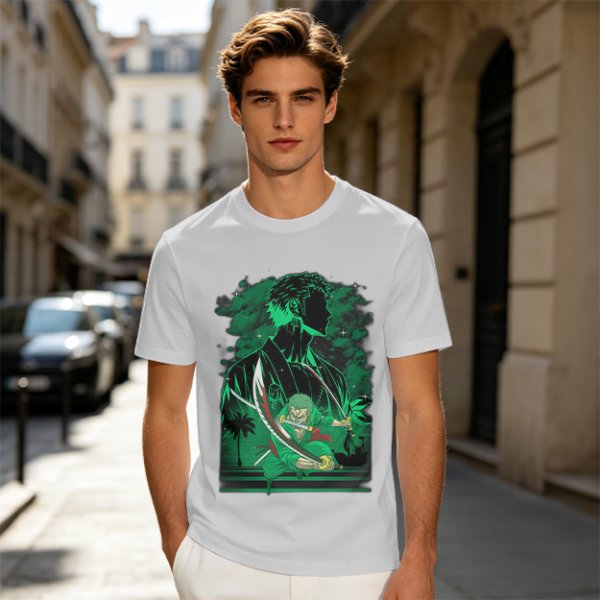 Olive Green Anime T-Shirt With Swordsman Character Artwork