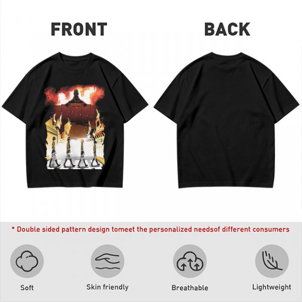 Olive T-Shirt With Anime Characters Crossing Burning Street Print