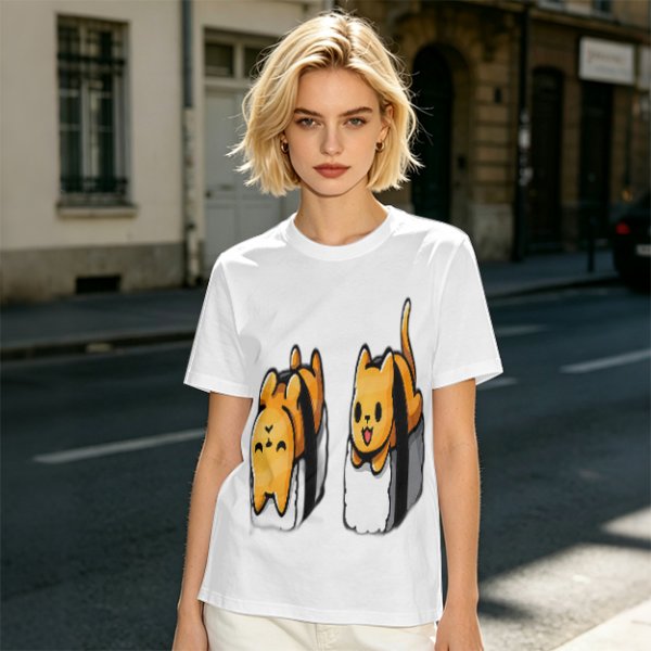 Olive T-shirt with cute sushi cat graphic print