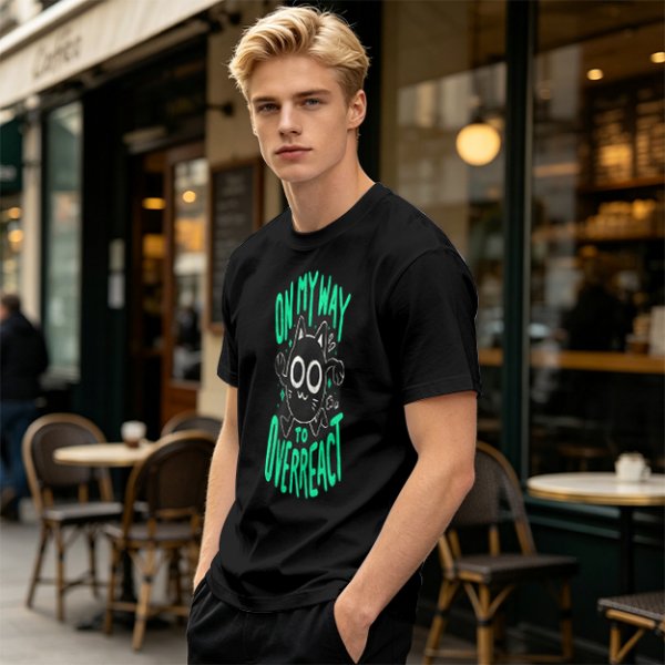 Oversized Olive T-Shirt With 'On My Way To Overreact' Cat Graphic