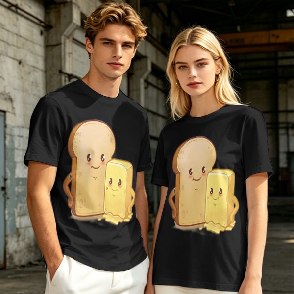 Olive T-Shirt With Cute Cartoon Bread And Butter Graphic