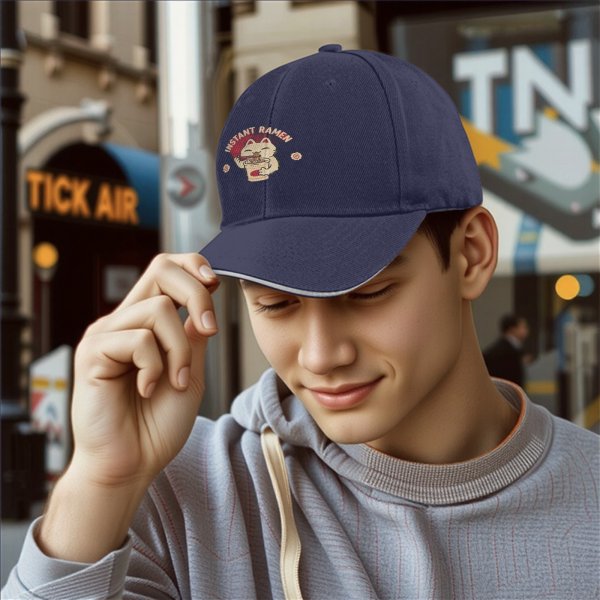 Black Baseball Cap With Cute Cat Eating Instant Ramen Graphic