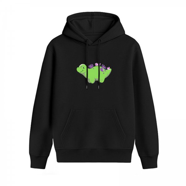 Black Hoodie With Cute Green Dinosaur Graphic Print