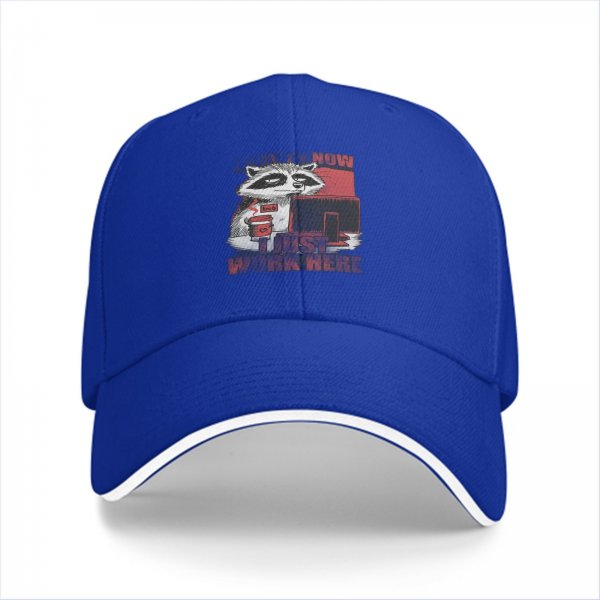 Black baseball cap with a tired raccoon office worker graphic