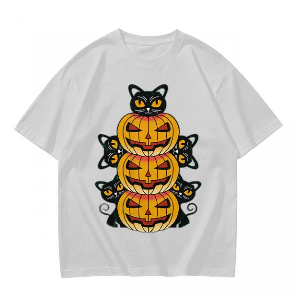 Olive Halloween T-Shirt with Stacked Jack-o'-Lanterns and Black Cats