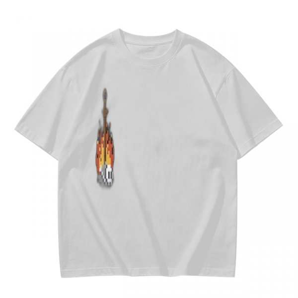 Olive Green T-Shirt With Pixel Art Skull Sword And Fire Print