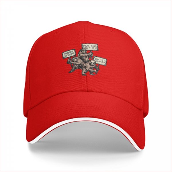 Black baseball cap with sloth nap and stress relief themed print