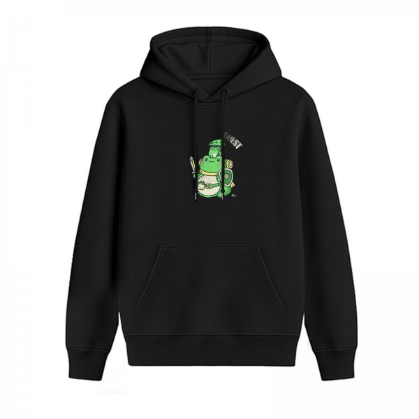 Black Hoodie With Cute Frog Warrior Quest Graphic