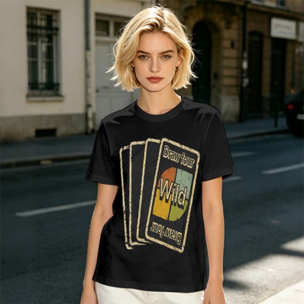 Olive T-Shirt with Retro Uno Wild Draw Four Card Graphic