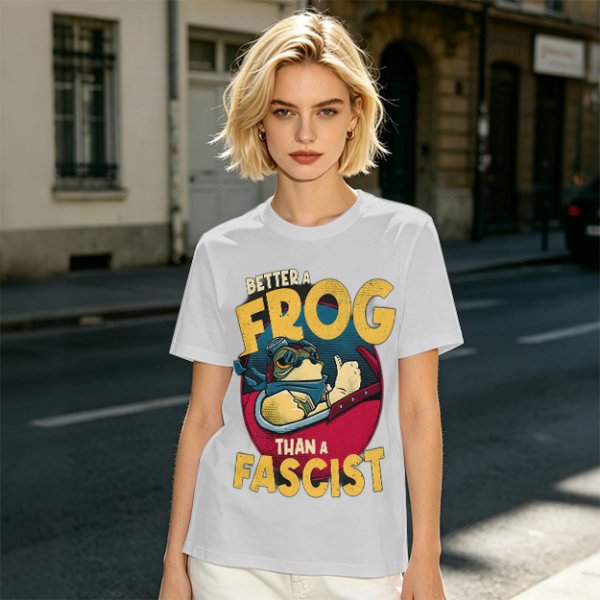 Olive graphic t-shirt with 'Better a Frog Than a Fascist' pilot frog design
