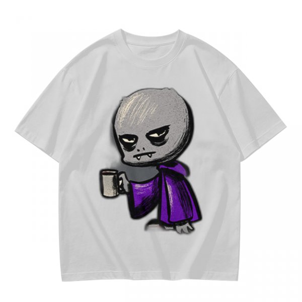 Olive T-Shirt With Grumpy Vampire Holding Coffee Mug Print