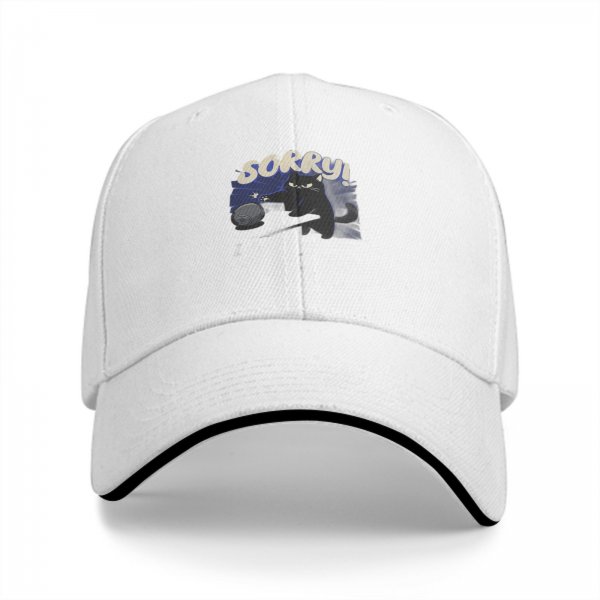 Black baseball cap with angry black cat graphic and 'SORRY!' text
