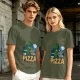 Olive Green T-Shirt with Alien Eating Pizza UFO Graphic
