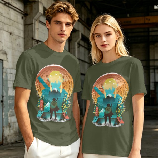 Olive Green T-Shirt With Fantasy Hero Silhouette Landscape Art