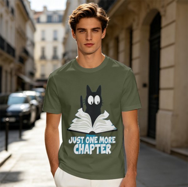 Olive T-Shirt with Black Cat Reading Book 'Just One More Chapter' Print