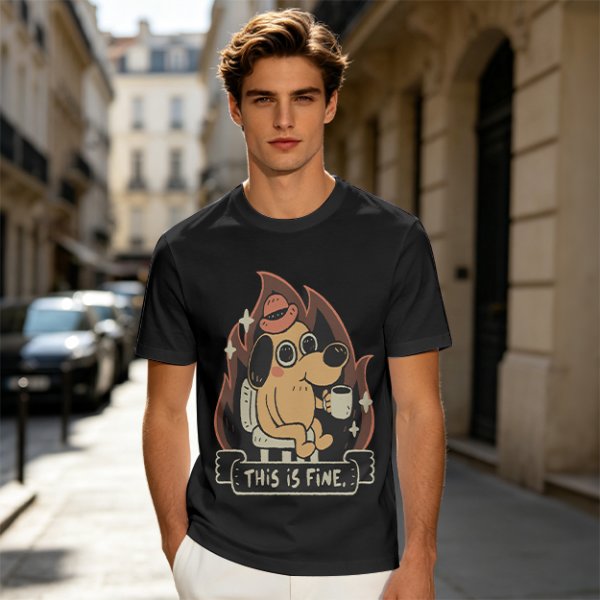 Olive T-Shirt Featuring the 'This Is Fine' Dog in Flames Holding Coffee