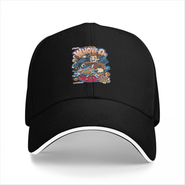 Black Baseball Cap With Whovio Cereal Themed Graphic Print