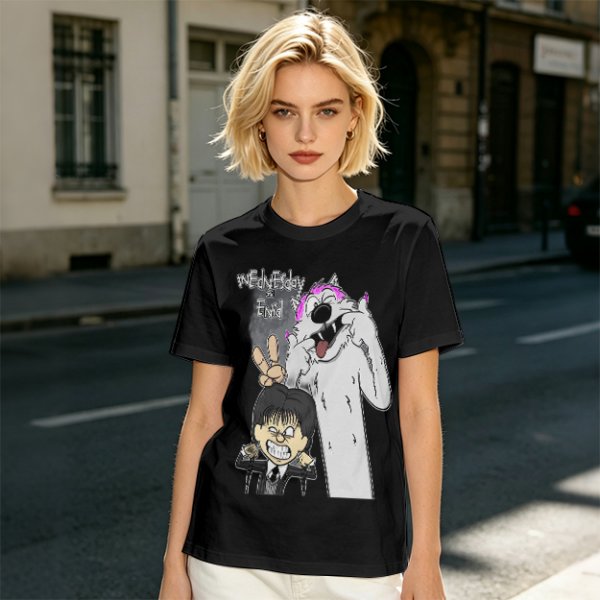 Olive graphic tee with Wednesday and Enid cartoon wolf design