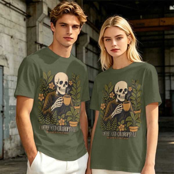 Skeleton with Coffee and Plants T-Shirt Graphic