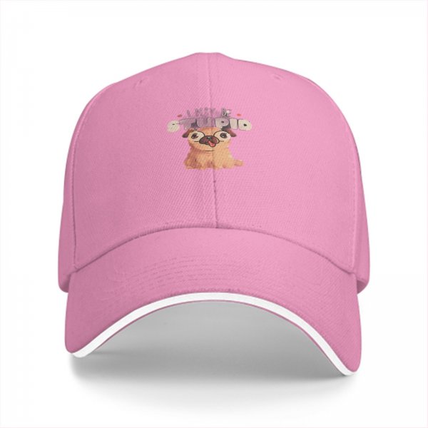 Black baseball cap with 'I MAY BE STUPID' and cute pug graphic