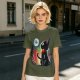 Olive T-shirt with black cat watching moon witch silhouette print