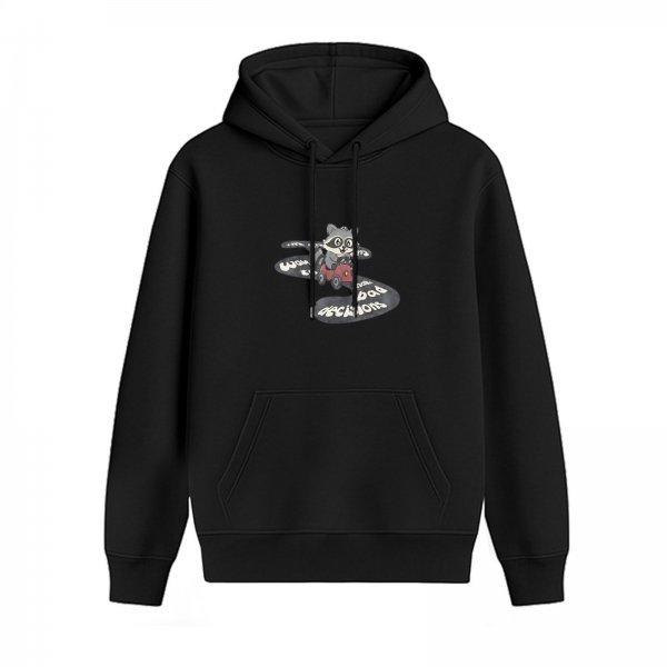 Black hoodie with cartoon raccoon driving a red car graphic