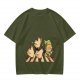 Olive Green T-Shirt With Chasing Chickens And Elf Character Print