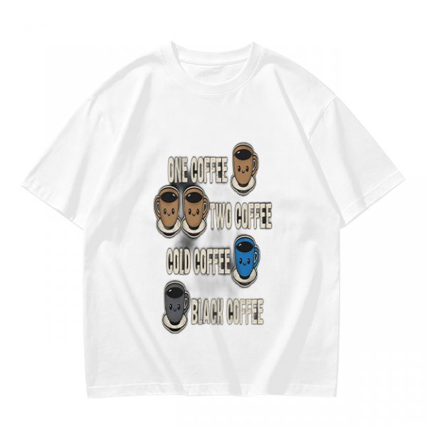 Olive green graphic tee with coffee cup illustrations and playful coffee text