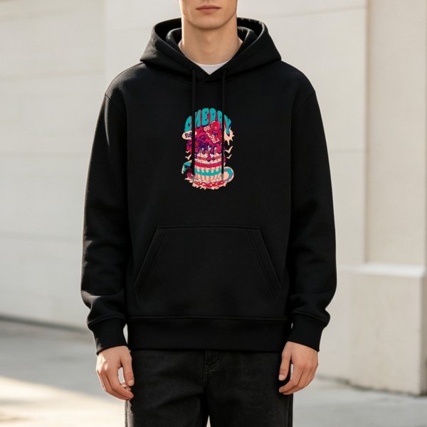 Black Hoodie With Retro Cherry Cake Graphic Print
