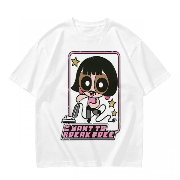 Olive green graphic t-shirt with Powerpuff-style character and 'I Want To Break Free' text