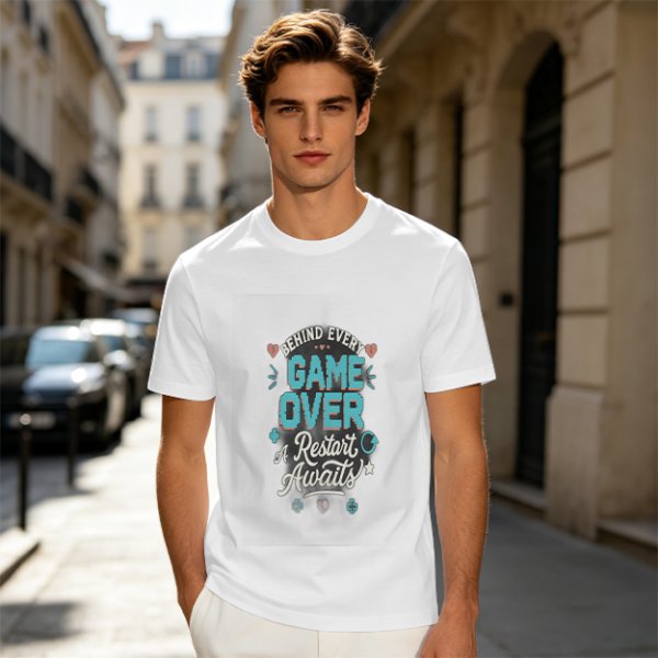 Olive t-shirt with 'Behind Every Game Over A Restart Awaits' gaming print